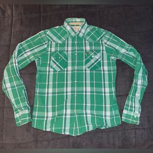Hollister Green Button Up Long Sleeve Plaid Shirt size XL Y2K